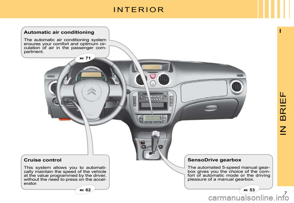 Citroen C3 PLURIEL DAG 2008 1.G Owners Manual IN
BRIEF
7 
I�A�u�t�o�m�a�t�i�c� �a�i�r� �c�o�n�d�i�t�i�o�n�i�n�g� 
The  automatic  air  conditioning  system ensures your comfort and optimum cir-culation  of  air  in  the  passenger  com-partment.
