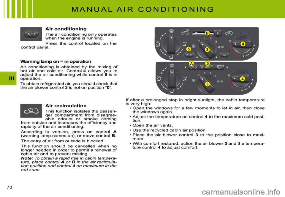 Citroen C3 PLURIEL DAG 2008 1.G Repair Manual 53
4
B
A5
3
4III
�7�0� 
Air conditioning
The air conditioning only operates when the engine is running.
Press  the  control  located  on  the control panel.
Warning lamp on = in operation
Air  conditi