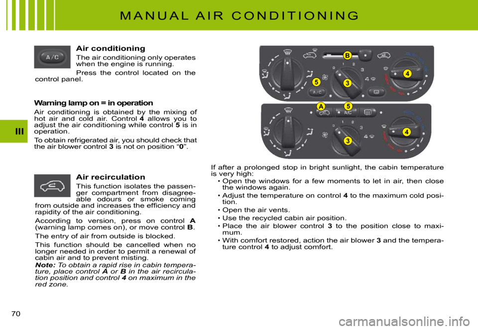 Citroen C3 PLURIEL DAG 2008 1.G Owners Manual 53
4
B
A5
3
4III
�7�0� 
Air conditioning
The air conditioning only operates when the engine is running.
Press  the  control  located  on  the control panel.
Warning lamp on = in operation
Air  conditi