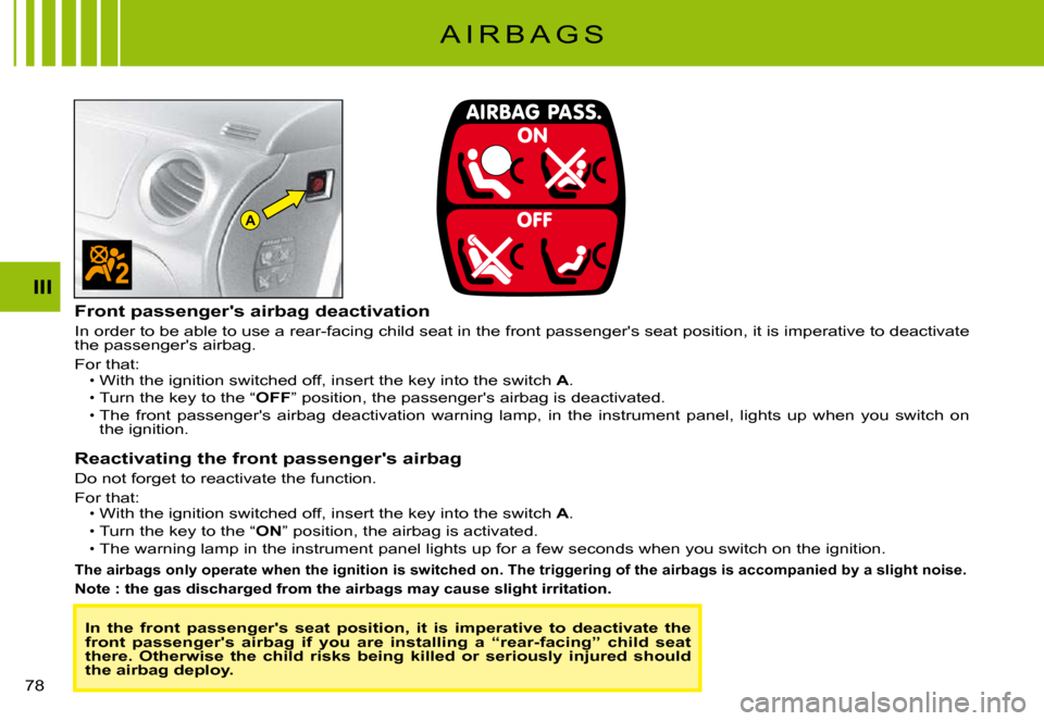 Citroen C3 PLURIEL DAG 2008 1.G Manual PDF A
III
�7�8� 
A I R B A G S
In  the  front  passengers  seat  position,  it  is  imperative  to  deactivate  the front  passengers  airbag  if  you  are  installing  a  “r ear-facing”  child  sea