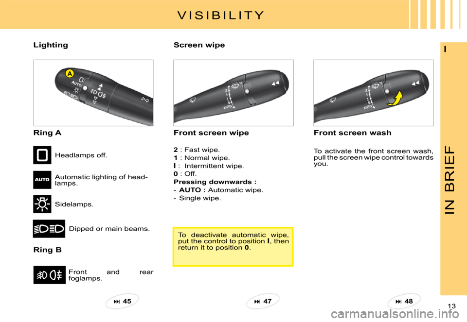 Citroen C3 PLURIEL DAG 2008 1.G Owners Manual A
IN
BRIEF
13 
ILighting
Ring A
Ring B
Front  and  rear foglamps.
Headlamps off.
Automatic lighting of head-lamps.
Sidelamps.
Dipped or main beams.
Front screen wipe
Screen wipe
Front screen wash 
2 :