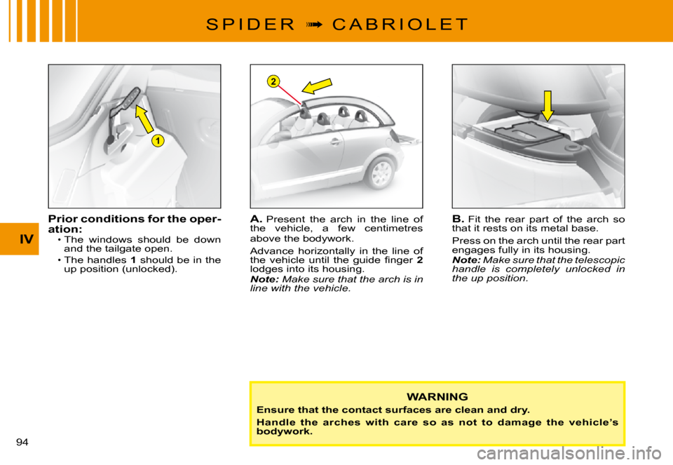 Citroen C3 PLURIEL DAG 2008 1.G Owners Manual 1
2
IV
�9�4� 
S P I D E R  �  C A B R I O L E T
WARNING
Ensure that the contact surfaces are clean and dry.
Handle  the  arches  with  care  so  as  not  to  damage  the  vehicle’s bodywork.
Prio