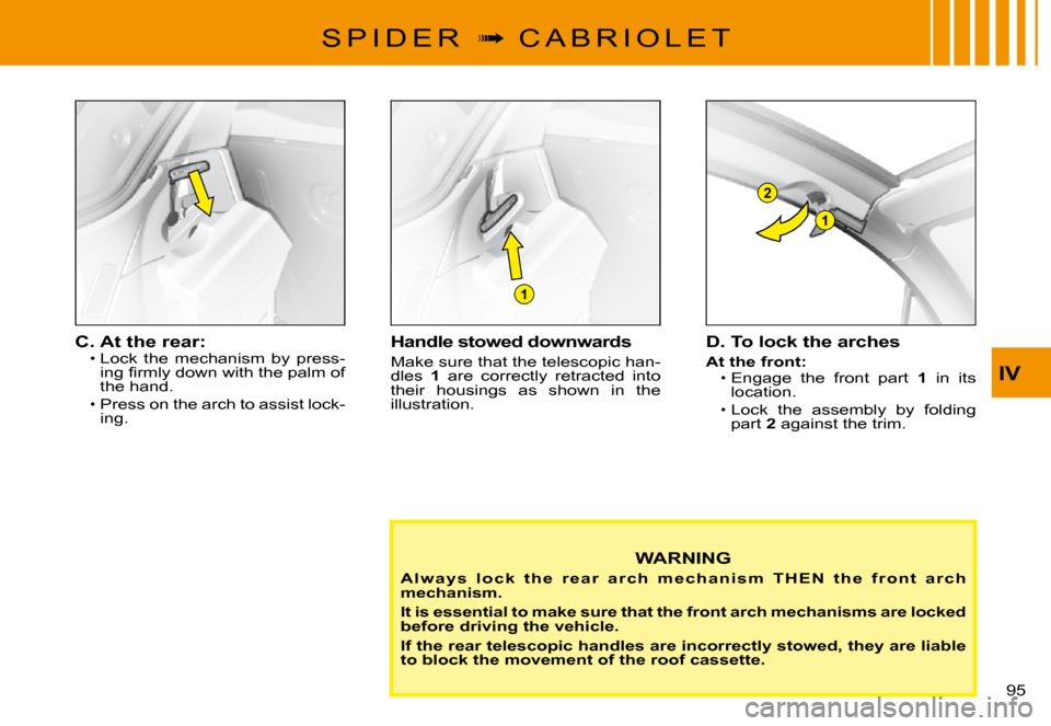 Citroen C3 PLURIEL DAG 2008 1.G Owners Manual 1
2
1
IV
�9�5� 
S P I D E R  �  C A B R I O L E T
Handle stowed downwards
Make sure that the telescopic han-dles 1  are  correctly  retracted  into their  housings  as  shown  in  the illustration.
