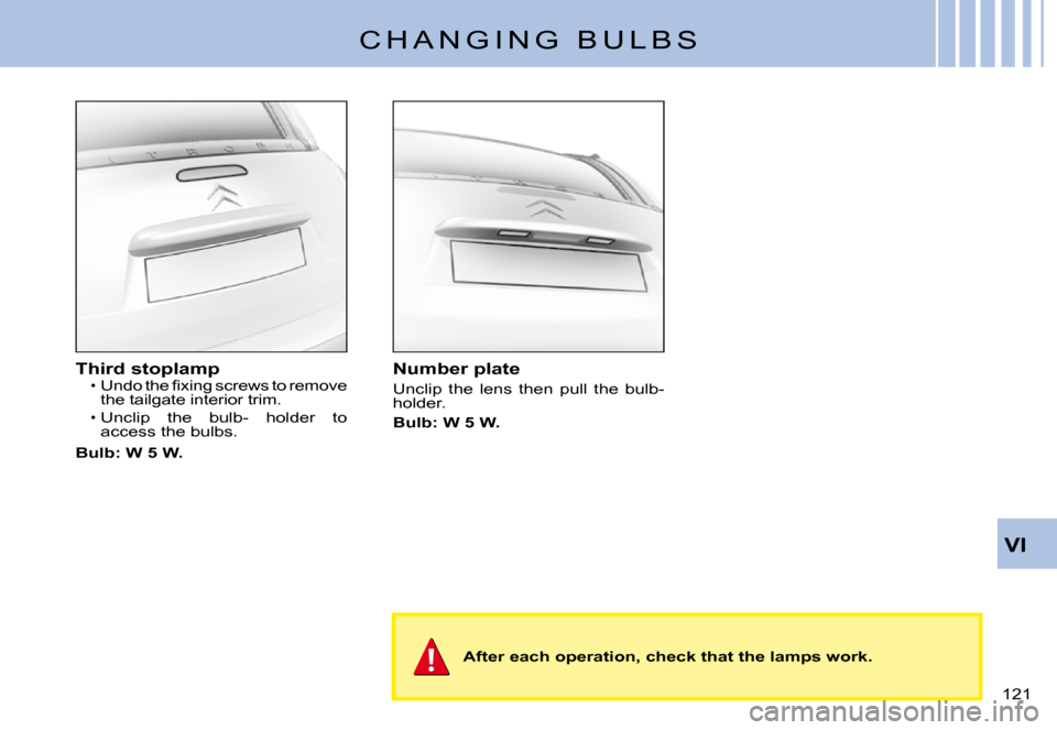 Citroen C3 PLURIEL 2008 1.G Owners Manual VI
�1�2�1� 
C H A N G I N G   B U L B S
Third stoplamp�U�n�d�o� �t�h�e� �ﬁ� �x�i�n�g� �s�c�r�e�w�s� �t�o� �r�e�m�o�v�e� the tailgate interior trim.
Unclip  the  bulb-  holder  to access the bulbs.
B