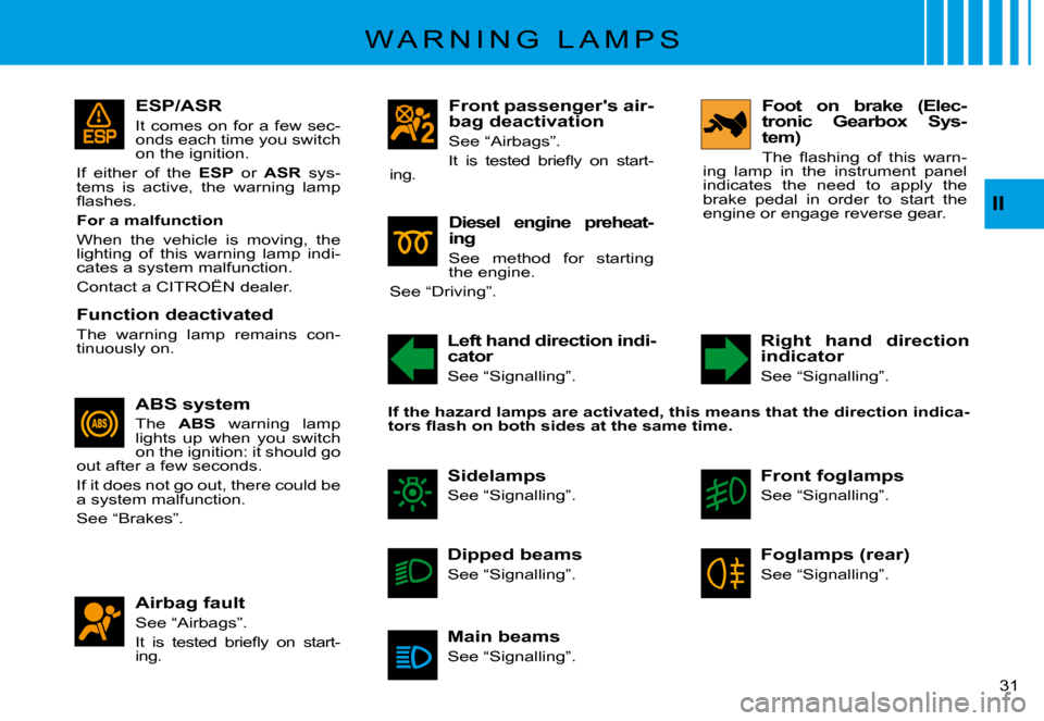 Citroen C3 PLURIEL 2008 1.G Owners Guide II
�3�1� 
ESP/ASR
It comes on for a few sec-onds each time you switch on the ignition.
If  either  of  the ESP  or ASR  sys-tems  is  active,  the  warning  lamp �ﬂ� �a�s�h�e�s�.
For a malfunction
W