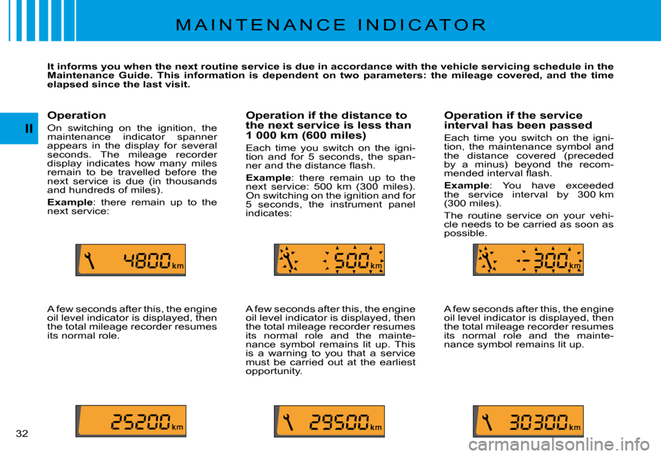 Citroen C3 PLURIEL 2008 1.G Owners Guide II
�3�2� 
M A I N T E N A N C E   I N D I C A T O R
It informs you when the next routine service is due in accordance with the vehicle servicing schedule in the Maintenance  Guide.  This  information 