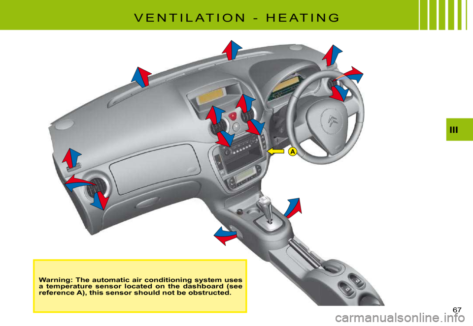 Citroen C3 PLURIEL 2008 1.G Repair Manual A
�6�7� 
Warning: The automatic air conditioning system uses a  temperature  sensor  located  on  the  dashboard  (see reference A), this sensor should not be obstructed.
�V �E �N �T �I �L �A �T �I �O