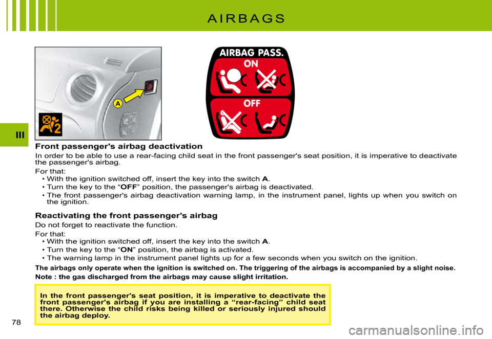 Citroen C3 PLURIEL 2008 1.G Manual PDF A
III
�7�8� 
A I R B A G S
In  the  front  passengers  seat  position,  it  is  imperative  to  deactivate  the front  passengers  airbag  if  you  are  installing  a  “r ear-facing”  child  sea
