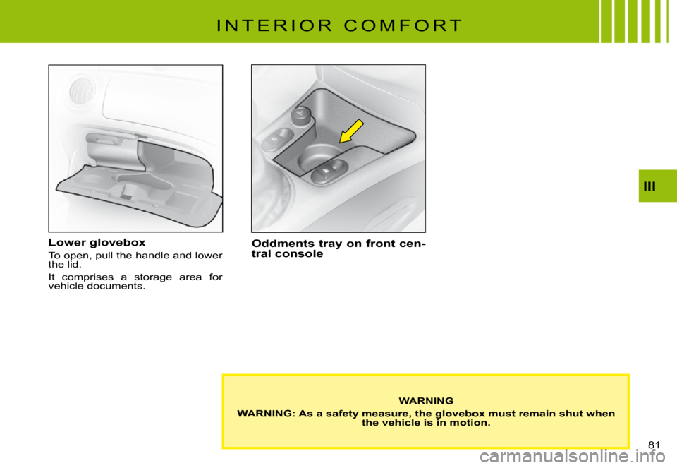Citroen C3 PLURIEL 2008 1.G Manual PDF III
�8�1� 
I N T E R I O R   C O M F O R T
Lower glovebox
To open, pull the handle and lower the lid.
It  comprises  a  storage  area  for vehicle documents.
Oddments tray on front cen-tral console
WA