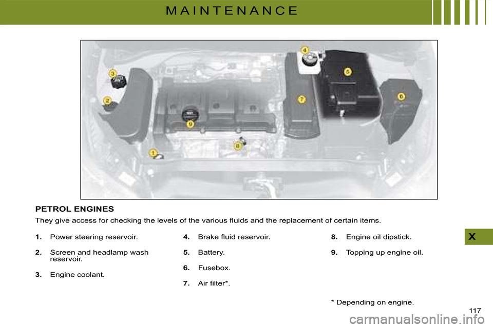 Citroen C4 DAG 2008 1.G Owners Manual 117 
X
M A I N T E N A N C E
PETROL ENGINES
�T�h�e�y� �g�i�v�e� �a�c�c�e�s�s� �f�o�r� �c�h�e�c�k�i�n�g� �t�h�e� �l�e�v�e�l�s� �o�f� �t�h�e� �v�a�r�i�o�u�s� �ﬂ� �u�i�d�s� �a�n�d� �t�h�e� �r�e�p�l�a�c