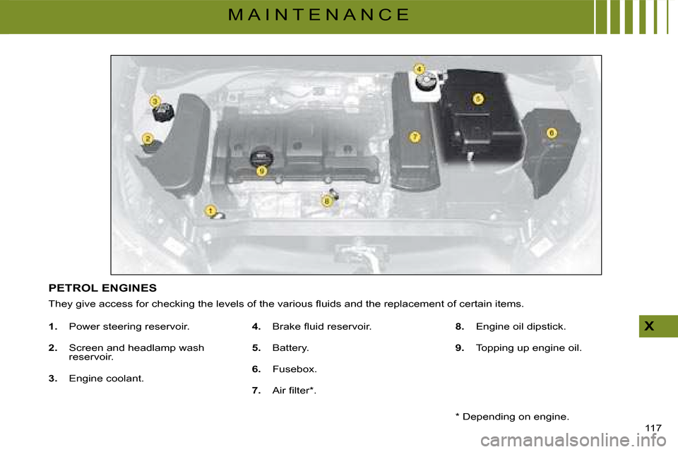 Citroen C4 DAG 2008 1.G User Guide 117 
X
M A I N T E N A N C E
PETROL ENGINES
�T�h�e�y� �g�i�v�e� �a�c�c�e�s�s� �f�o�r� �c�h�e�c�k�i�n�g� �t�h�e� �l�e�v�e�l�s� �o�f� �t�h�e� �v�a�r�i�o�u�s� �ﬂ� �u�i�d�s� �a�n�d� �t�h�e� �r�e�p�l�a�c