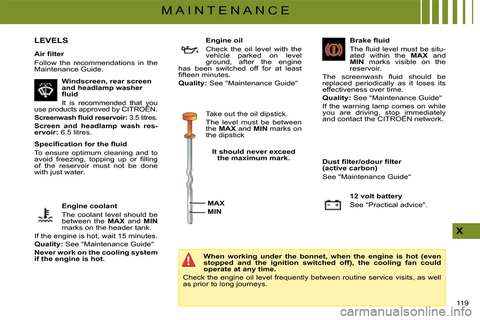 Citroen C4 DAG 2008 1.G User Guide 119 
X
M A I N T E N A N C E
�A�i�r� �ﬁ� �l�t�e�r
Follow  the  recommendations  in  the Maintenance Guide.
When  working  under  the  bonnet,  when  the  engine  is  hot  (even stopped  and  the  ig