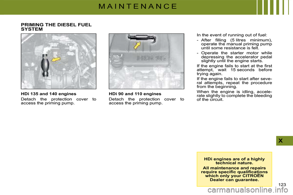 Citroen C4 DAG 2008 1.G Owners Manual 123 
X
M A I N T E N A N C E
HDi 135 and 140 engines 
�D�e�t�a�c�h�  �t�h�e�  �p�r�o�t�e�c�t�i�o�n�  �c�o�v�e�r�  �t�o� access the priming pump.
HDi engines are of a highly technical nature.
All maint