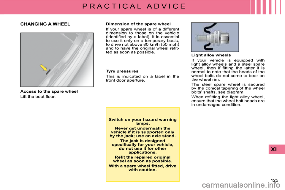 Citroen C4 DAG 2008 1.G Owners Manual �1�2�5� 
XI
P R A C T I C A L   A D V I C E
Access to the spare wheel
�L�i�f�t� �t�h�e� �b�o�o�t� �ﬂ� �o�o�r�.
CHANGING A WHEELDimension of the spare wheel
�I�f�  �y�o�u�r�  �s�p�a�r�e�  �w�h�e�e�l�