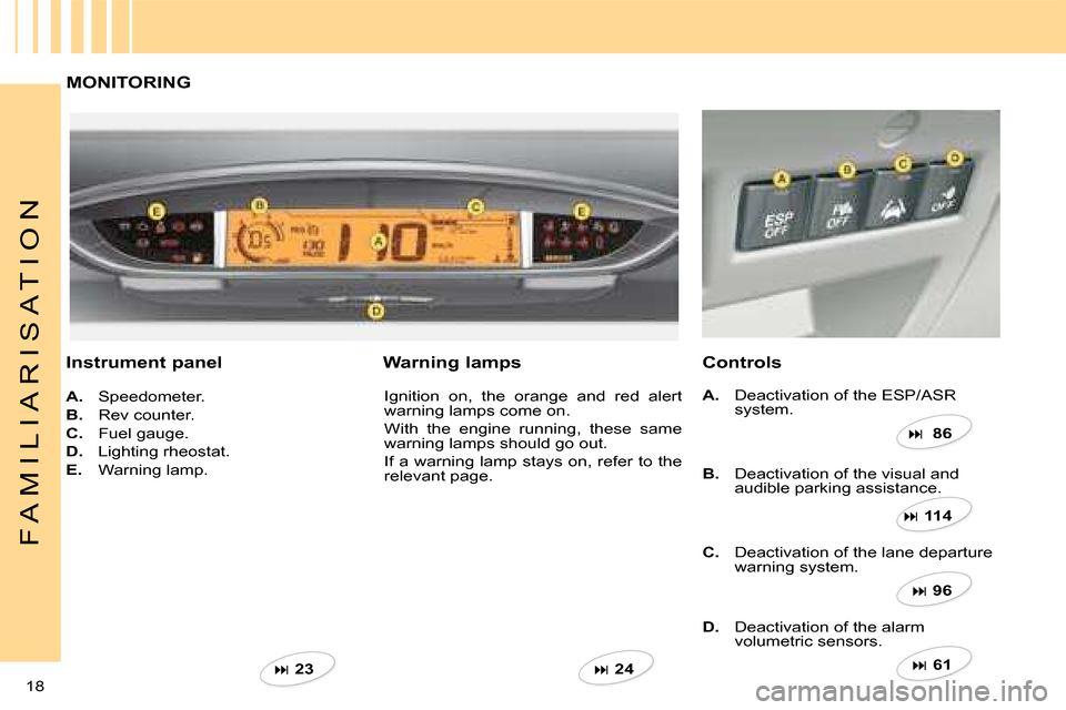 Citroen C4 DAG 2008 1.G Owners Manual ��  23   ��  24   
�� � 86   
��  114   
��  96   
��  61   
18 
F A M I L I A R I S A T I O N
MONITORING
Instrument panelControls
A.  Speedometer.
B.  Rev counter.
C.  Fuel gauge.
D