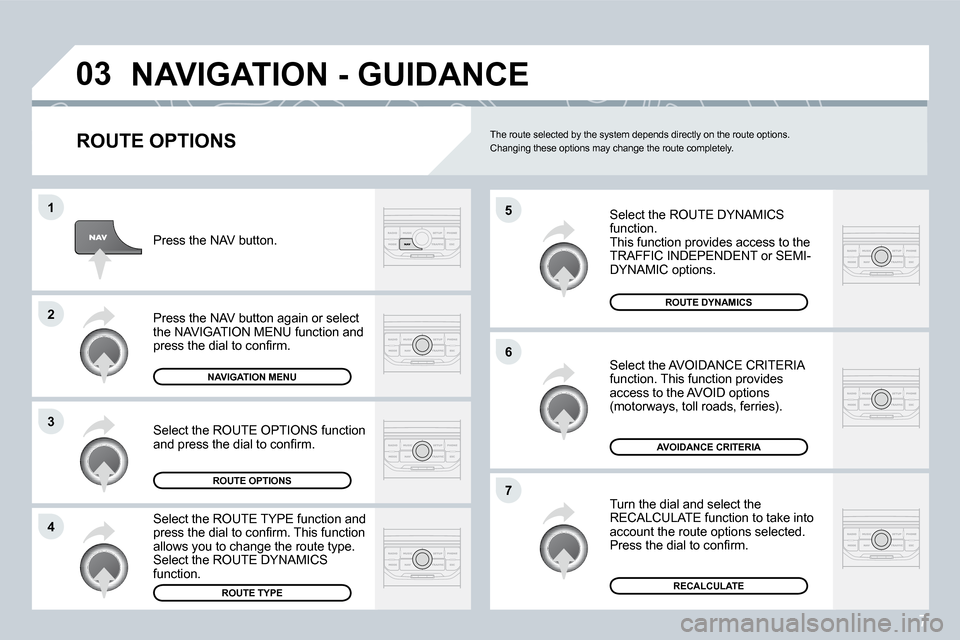 Citroen C4 DAG 2008 1.G Owners Manual 7
�0�3
�5
�6
�7
�1
�2
�3
4
�N�A�V�I�G�A�T�I�O�N�	�-�	�G�U�I�D�A�N�C�E
�R�O�U�T�E�	�O�P�T�I�O�N�S
Select the ROUTE DYNAMICS  
function.
This function provides access to the 
�T�R�A�F�F�I�C� �I�N�D�E�P�