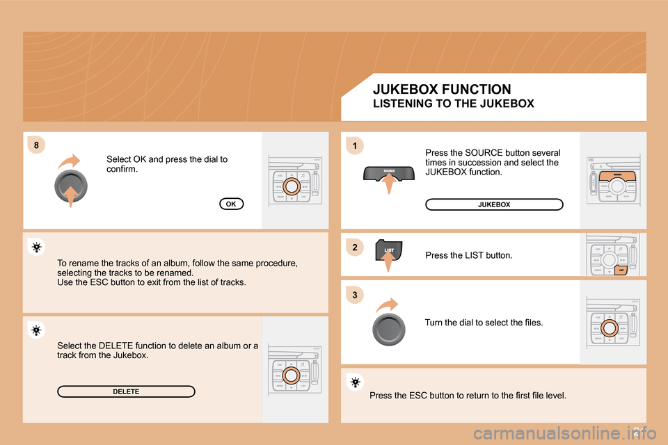 Citroen C4 DAG 2008 1.G Owners Manual 21
�8
�2 
�3
1
DELETE
OKPress the SOURCE button several  
times in succession and select the 
JUKEBOX function. 
Press the LIST button.
�T�u�r�n� �t�h�e� �d�i�a�l� �t�o� �s�e�l�e�c�t� �t�h�e� �i�l�e�s