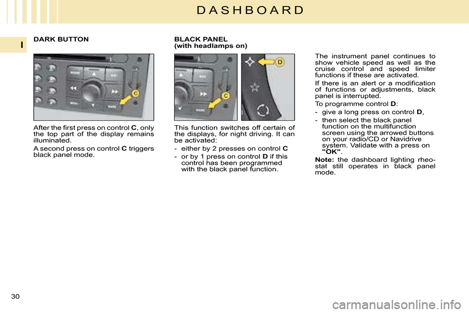 Citroen C4 DAG 2008 1.G Owners Manual 30 
I
D A S H B O A R D
�A�f�t�e�r� �t�h�e� �ﬁ� �r�s�t� �p�r�e�s�s� �o�n� �c�o�n�t�r�o�l� C, only the  top  part  of  the  display  remains illuminated.
A second press on control C triggers black pa