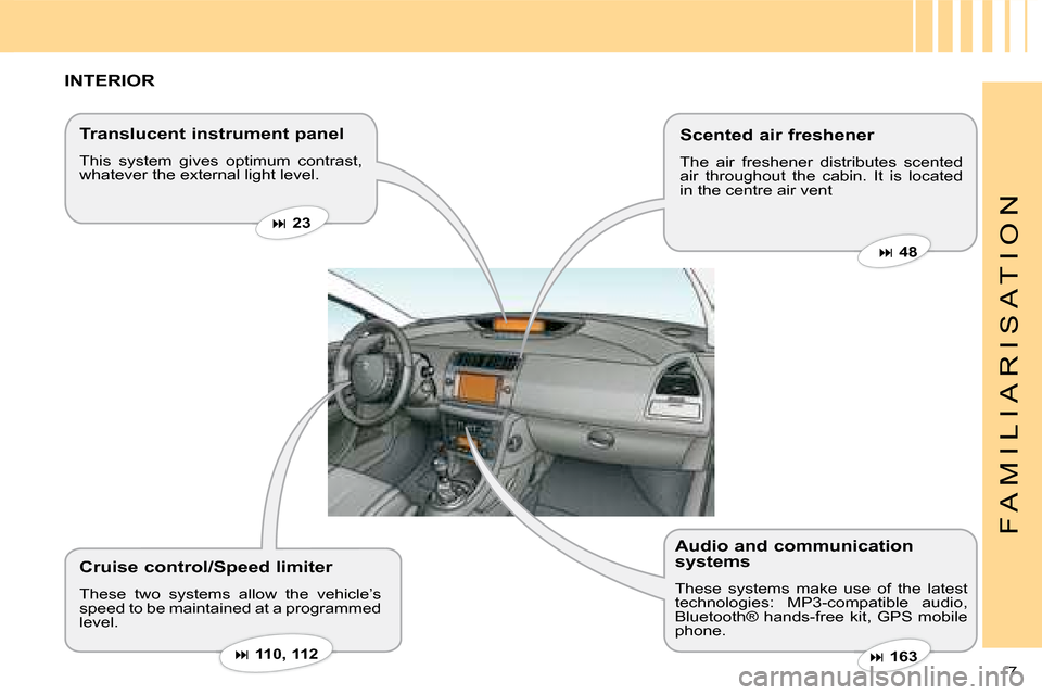 Citroen C4 DAG 2008 1.G Owners Manual ��  23  
��  110   , 112
��  48   
��  163   7 
F A M I L I A R I S A T I O N
INTERIOR
Translucent instrument panel
This  system  gives  optimum  contrast, whatever the external light leve