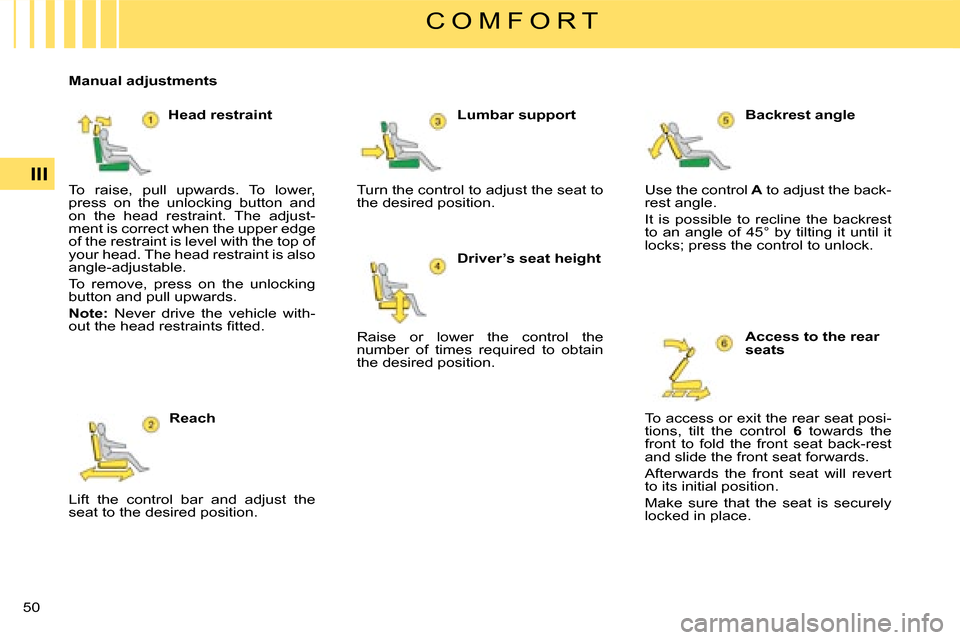 Citroen C4 DAG 2008 1.G Owners Manual 50 III
C O M F O R T
To  raise,  pull  upwards.  To  lower, press  on  the  unlocking  button  and on  the  head  restraint.  The  adjust-ment is correct when the upper edge of the restraint is level 