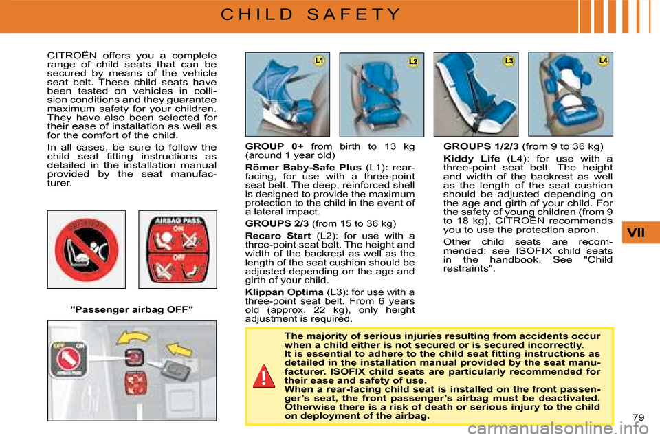 Citroen C4 DAG 2008 1.G Owners Manual 79 
VII
C H I L D   S A F E T Y
CITROËN  offers  you  a  complete range  of  child  seats  that  can  be secured  by  means  of  the  vehicle seat  belt.  These  child  seats  have been  tested  on  