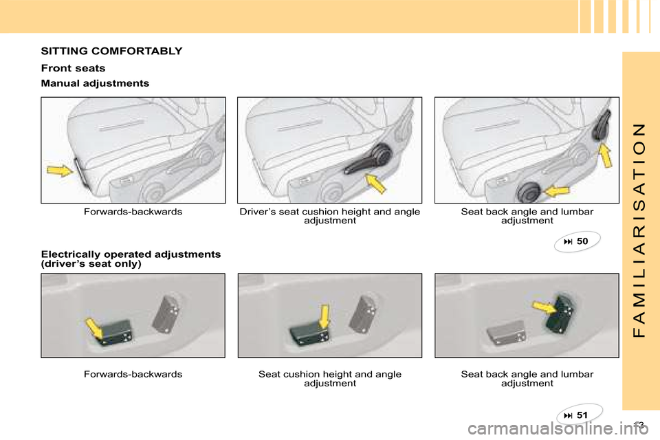 Citroen C4 DAG 2008 1.G Owners Manual ��  51    
��  50   
13 
F A M I L I A R I S A T I O N
SITTING COMFORTABLY
Front seats
Forwards-backwardsDriver’s seat cushion height and angle adjustmentSeat back angle and lumbar adjustment
