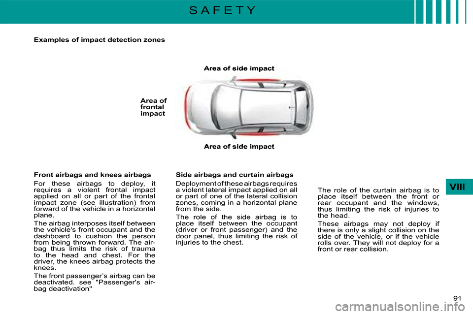 Citroen C4 DAG 2008 1.G Owners Manual �9�1� 
VIII
S A F E T Y
�A�r�e�a� �o�f� �s�i�d�e� �i�m�p�a�c�t
�A�r�e�a� �o�f� �s�i�d�e� �i�m�p�a�c�t
Area of frontal �i�m�p�a�c�t
�S�i�d�e� �a�i�r�b�a�g�s� �a�n�d� �c�u�r�t�a�i�n� �a�i�r�b�a�g�s
�D�e