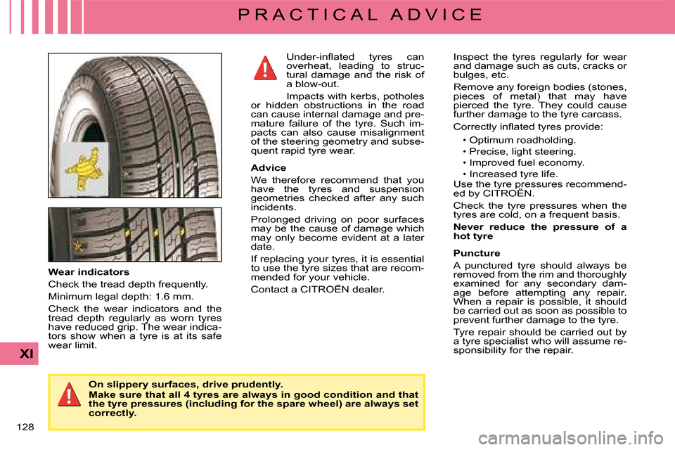 Citroen C4 2008 1.G Owners Manual �1�2�8� 
XI
P R A C T I C A L   A D V I C E
�I�n�s�p�e�c�t�  �t�h�e�  �t�y�r�e�s�  �r�e�g�u�l�a�r�l�y�  �f�o�r�  �w�e�a�r� �a�n�d� �d�a�m�a�g�e� �s�u�c�h� �a�s� �c�u�t�s�,� �c�r�a�c�k�s� �o�r� �b�u�l�