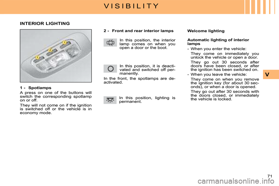 Citroen C4 2008 1.G Owners Guide 71
V
V I S I B I L I T Y
1 - Spotlamps
A press on one of the buttons will switch the corresponding spotlamp on or off.
They will not come on if the ignition is switched off or t Citroen C4 2008 1.G Owners Guide 71
V
V I S I B I L I T Y
1 - Spotlamps
A press on one of the buttons will switch the corresponding spotlamp on or off.
They will not come on if the ignition is switched off or t