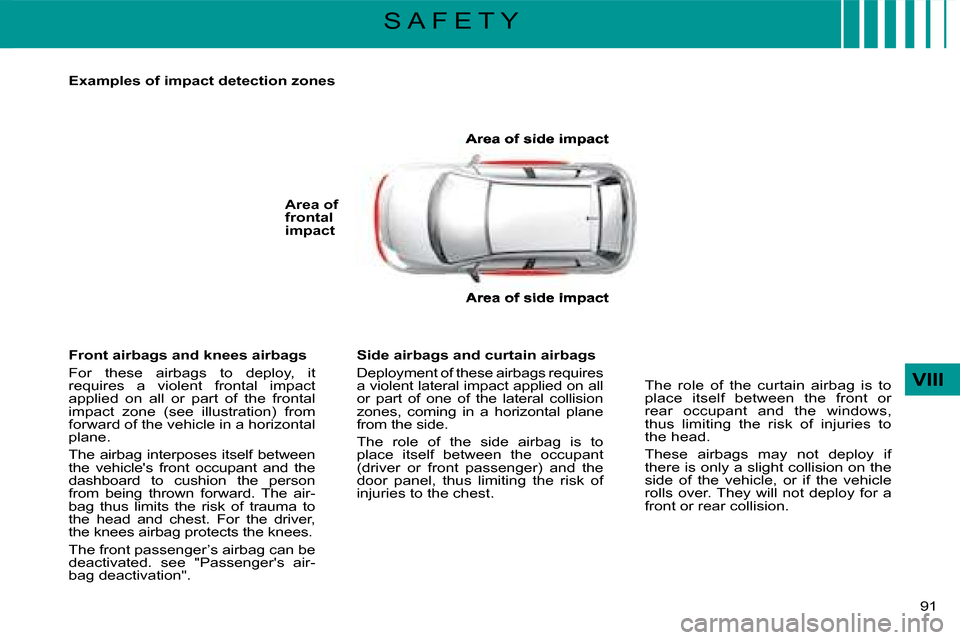 Citroen C4 2008 1.G Owners Guide �9�1� 
VIII
S A F E T Y
�A�r�e�a� �o�f� �s�i�d�e� �i�m�p�a�c�t
�A�r�e�a� �o�f� �s�i�d�e� �i�m�p�a�c�t
Area of frontal �i�m�p�a�c�t
�S�i�d�e� �a�i�r�b�a�g�s� �a�n�d� �c�u�r�t�a�i�n� �a�i�r�b�a�g�s
�D�e
