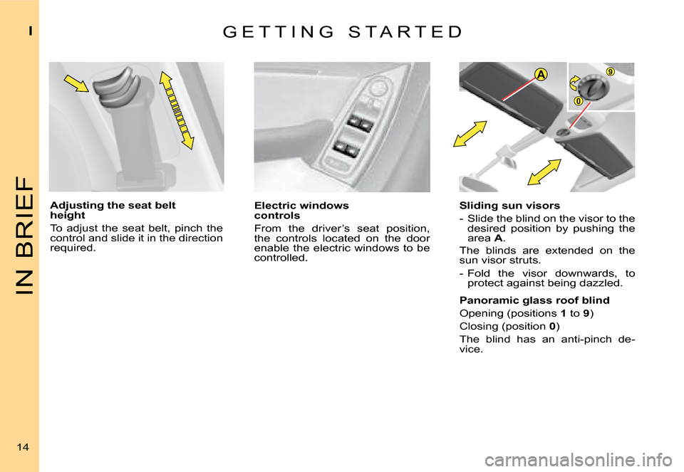 Citroen C4 PICASSO DAG 2008 1.G User Guide A9
0
IN BRIEF
I
14
G E T T I N G   S T A R T E D 
Adjusting the seat belt height 
To  adjust  the  seat  belt,  pinch  the control and slide it in the direction �r�e�q�u�i�r�e�d�.
Electric windows con