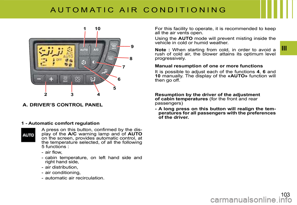 Citroen C4 PICASSO DAG 2008 1.G Owners Manual 5
6
7
8
9
101
234
III
103
A U T O M A T I C   A I R   C O N D I T I O N I N G
1 - Automatic comfort regulation
�A� �p�r�e�s�s� �o�n� �t�h�i�s� �b�u�t�t�o�n�,� �c�o�n�ﬁ� �r�m�e�d� �b�y� �t�h�e� �d�i�