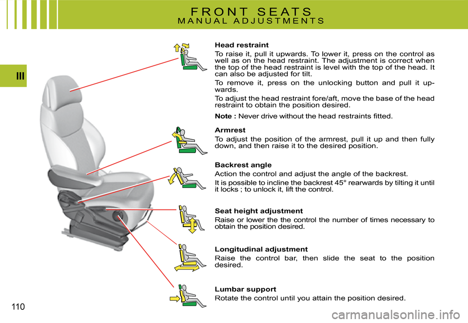 Citroen C4 PICASSO DAG 2008 1.G Owners Manual 110
III
Head restraint 
To raise it, pull it upwards. To lower it, press on the control as well as on the head restraint. The adjustment is correct when the top of the head restraint is level with the