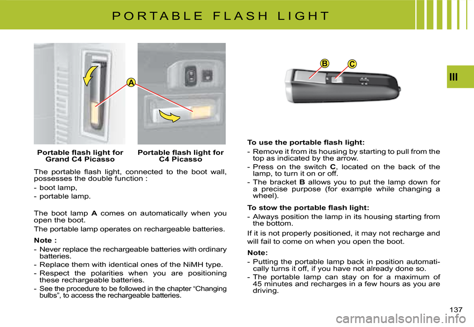 Citroen C4 PICASSO DAG 2008 1.G Owners Manual CB
AIII
137
�T�h�e�  �p�o�r�t�a�b�l�e�  �ﬂ� �a�s�h�  �l�i�g�h�t�,�  �c�o�n�n�e�c�t�e�d�  �t�o�  �t�h�e�  �b�o�o�t�  �w�a�l�l�,� possesses the double function :
-  boot lamp, 
-  portable lamp.
The  