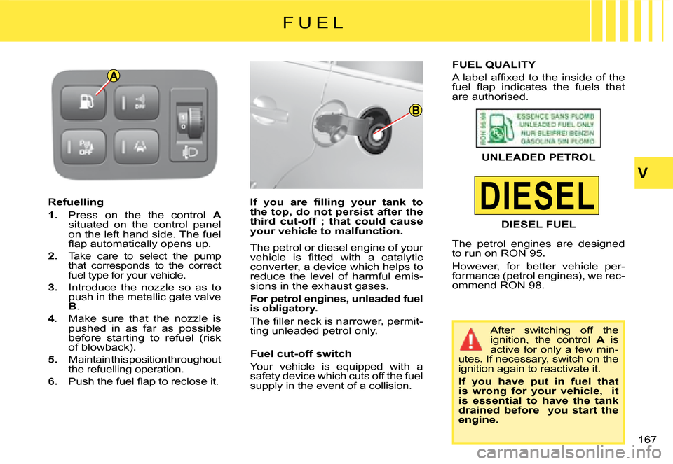 Citroen C4 PICASSO DAG 2008 1.G Owners Manual DIESEL
A
B
V
167
Refuelling
1.  Press  on  the  the  control Asituated  on  the  control  panel on the left hand side. The fuel �ﬂ� �a�p� �a�u�t�o�m�a�t�i�c�a�l�l�y� �o�p�e�n�s� �u�p�.
2.�T�a�k�e�  