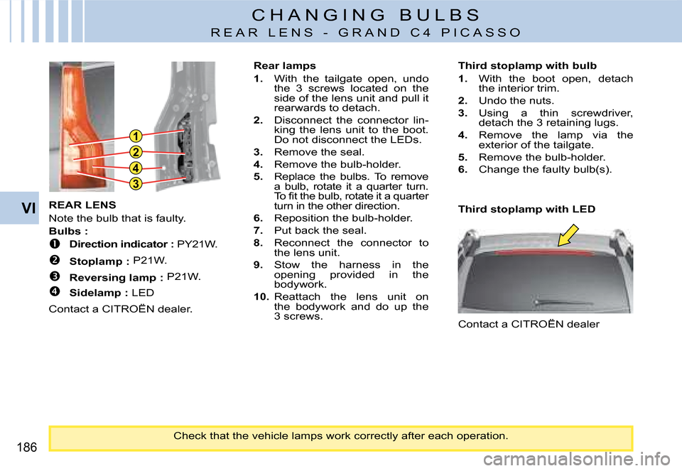 Citroen C4 PICASSO DAG 2008 1.G Owners Manual 3
2
1
4
186
VIREAR LENS 
Note the bulb that is faulty. 
Bulbs :
�  Direction indicator : PY21W.
�  Stoplamp : P21W. 
�  Reversing lamp : P21W.
�  Sidelamp : LED
Contact a CITROËN dealer.

