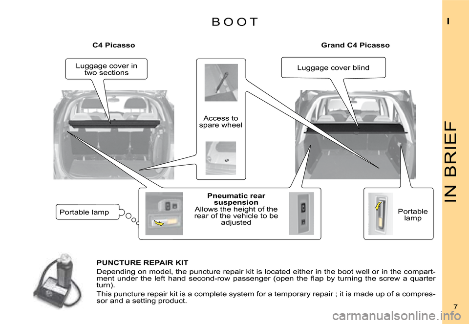 Citroen C4 PICASSO DAG 2008 1.G Owners Manual IN BRIEF
I
7
B O O T
C4 PicassoGrand C4 Picasso
Portable lamp
Pneumatic rear suspension Allows the height of the rear of the vehicle to be adjusted
Access to spare wheel
PUNCTURE REPAIR KIT
Depending 