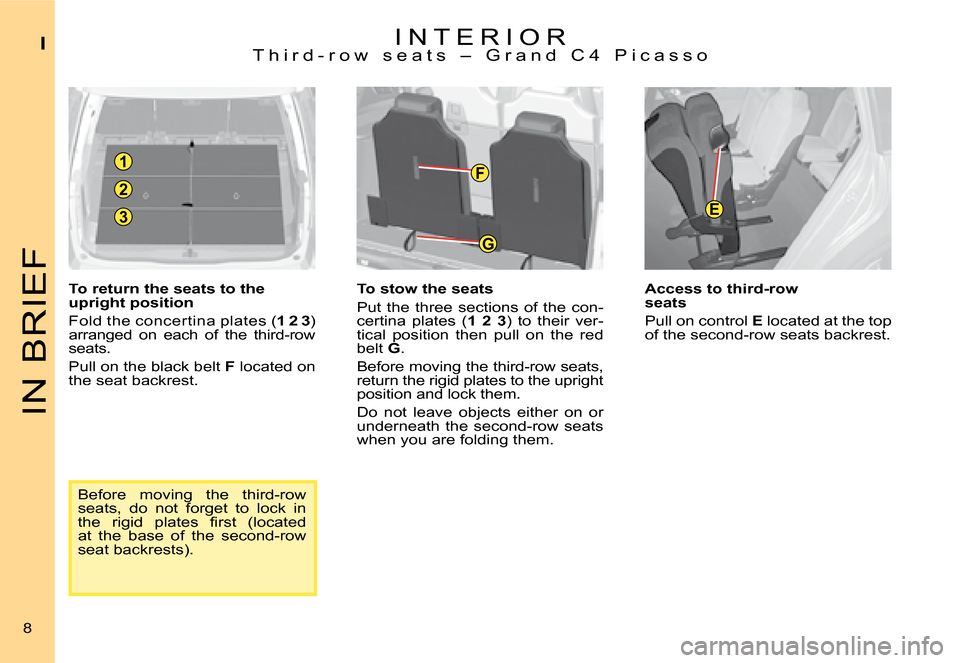 Citroen C4 PICASSO DAG 2008 1.G Owners Manual 1
2
3
G
F
E
IN BRIEF
I
8
I N T E R I O RT h i r d - r o w   s e a t s   –   G r a n d   C 4   P i c a s s o 
To return the seats to the upright position 
Fold the concertina plates (1 2 3) arranged 