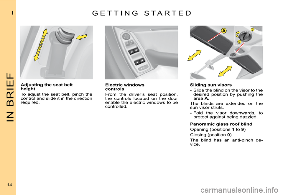 Citroen C4 PICASSO 2008 1.G User Guide A9
0
IN BRIEF
I
14
G E T T I N G   S T A R T E D 
Adjusting the seat belt height 
To  adjust  the  seat  belt,  pinch  the control and slide it in the direction �r�e�q�u�i�r�e�d�.
Electric windows con