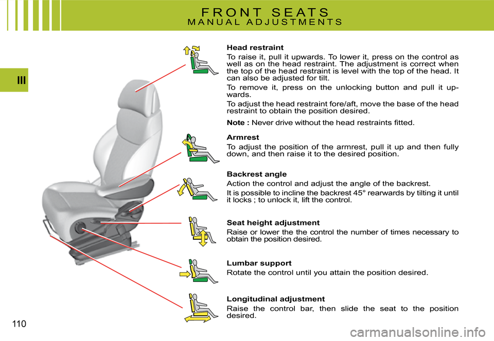 Citroen C4 PICASSO 2008 1.G Owners Manual 110
III
Head restraint 
To raise it, pull it upwards. To lower it, press on the control as well as on the head restraint. The adjustment is correct when the top of the head restraint is level with the