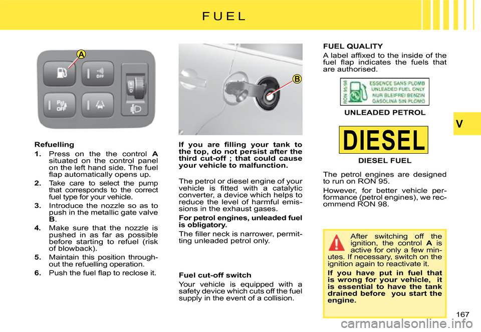 Citroen C4 PICASSO 2008 1.G Owners Manual DIESEL
A
B
V
167
Refuelling
1.  Press  on  the  the  control Asituated  on  the  control  panel on the left hand side. The fuel �ﬂ� �a�p� �a�u�t�o�m�a�t�i�c�a�l�l�y� �o�p�e�n�s� �u�p�.
2.�T�a�k�e�  