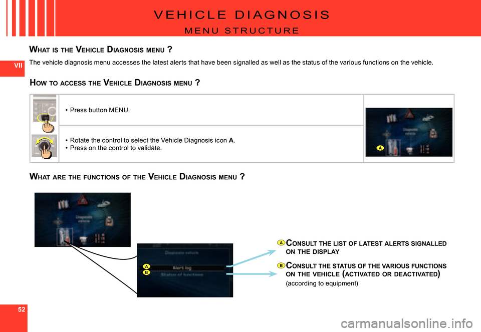 Citroen C4 PICASSO 2008 1.G Owners Manual 525252
VII
A
B
A
AB
V E H I C L E   D I A G N O S I S
M E N U   S T R U C T U R E
WHAT  IS  THE  VEHICLE  DIAGNOSIS  MENU  ?
The vehicle diagnosis menu accesses the latest alerts  that have been signa