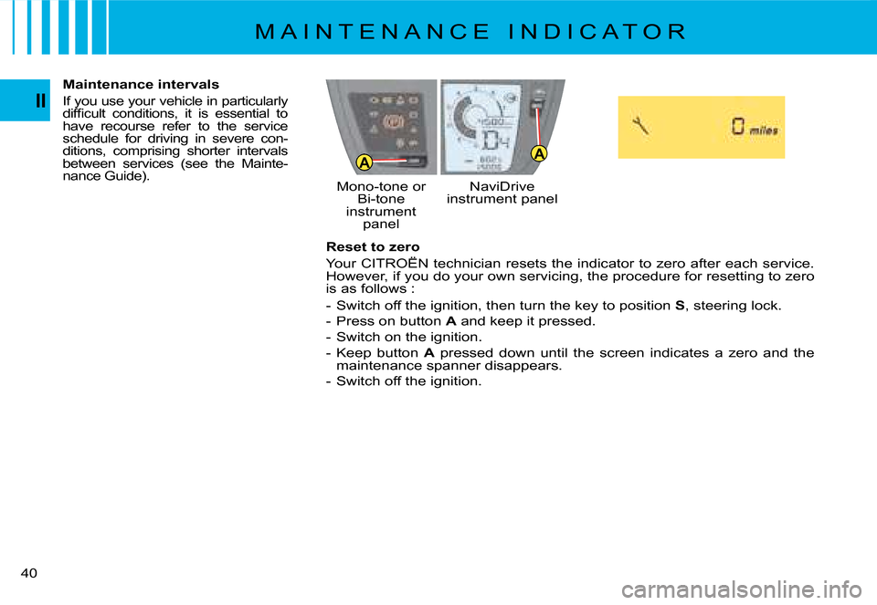 Citroen C4 PICASSO 2008 1.G Owners Guide AAAA
�4�0
II
Reset to zero
�Y�o�u�r� �C�I�T�R�O�Ë�N� �t�e�c�h�n�i�c�i�a�n� �r�e�s�e�t�s� �t�h�e� �i�n�d�i�c�a�t�o�r� �t�o� �z�e�r�o� �a�f�t�e�r� �e�a�c�h� �s�e�r�v�i�c�e�.� �H�o�w�e�v�e�r�,� �i�f� �y