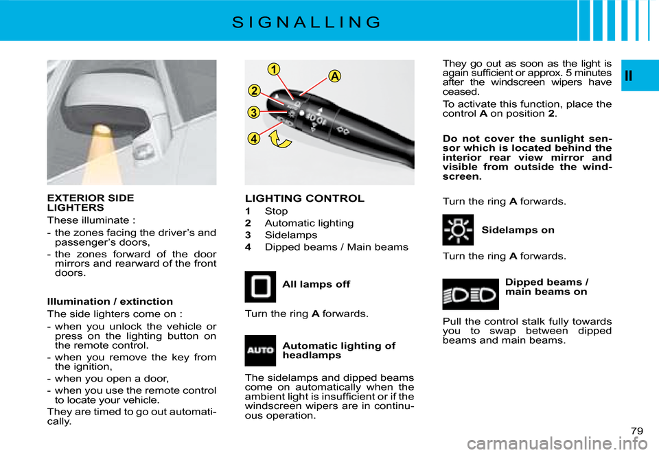 Citroen C4 PICASSO 2008 1.G Manual PDF 4
3
A
2 1II
79
All lamps off 
LIGHTING CONTROL 
1 Stop 
2 Automatic lighting
3 Sidelamps 
4 Dipped beams / Main beams 
Sidelamps on 
Dipped beams / main beams on 
Turn the ring A forwards. 
Turn the r