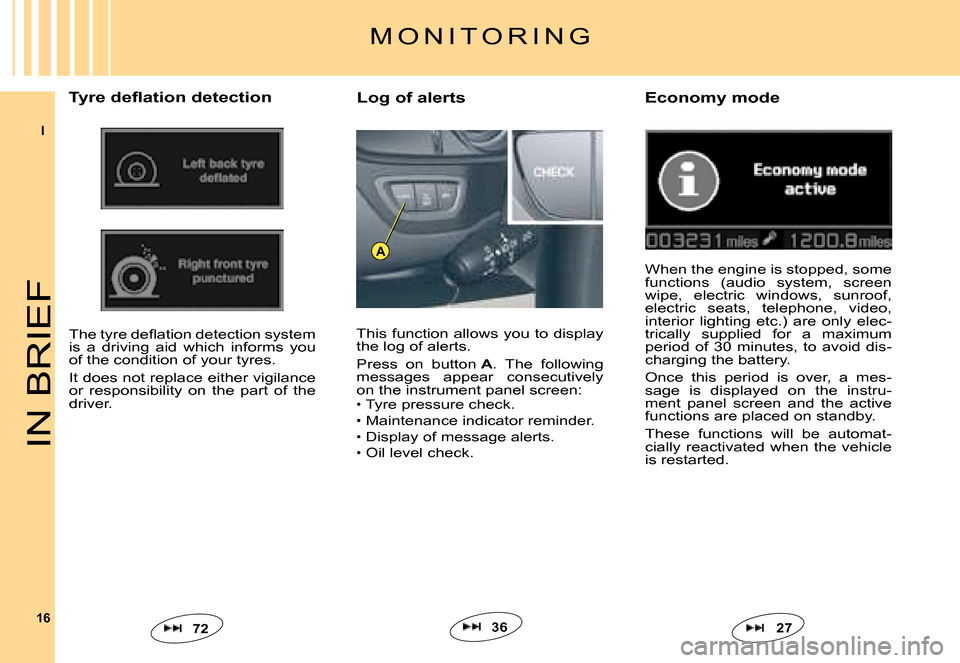 Citroen C5 DAG 2008 (RD/TD) / 2.G Owners Manual I
16
A
IN BRIEF
M O N I T O R I N G
�T�y�r�e� �d�e�ﬂ� �a�t�i�o�n� �d�e�t�e�c�t�i�o�n
This function allows you to display the log of alerts.
Press  on  button A.  The  following messages  appear  con