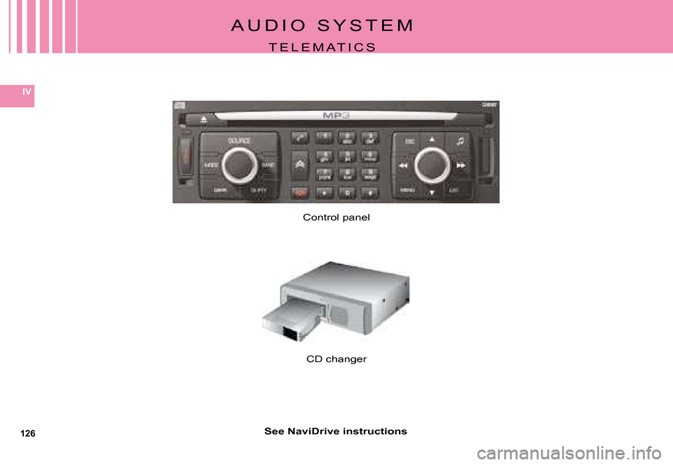 Citroen C5 DAG 2008 (RD/TD) / 2.G Owners Manual 126
IV
A U D I O   S Y S T E M
T E L E M A T I C S
See NaviDrive instructions
Control panel
CD changer   