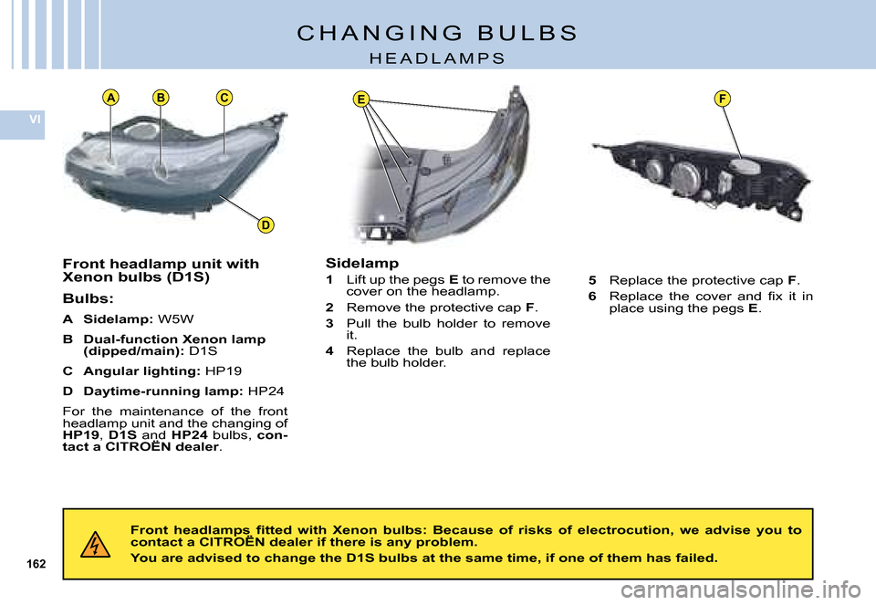 Citroen C5 DAG 2008 (RD/TD) / 2.G User Guide 162
VI
BC
D
EFA
�C �H �A �N �G �I �N �G �  �B �U �L �B �S
�H �E �A �D �L �A �M �P �S
Front headlamp unit with Xenon bulbs (D1S)
Bulbs:
A  Sidelamp: �W�5�W
B  Dual-function Xenon lamp (dipped/main): �D