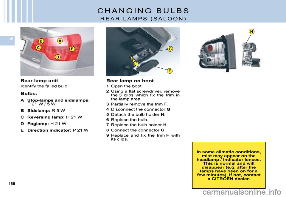 Citroen C5 DAG 2008 (RD/TD) / 2.G User Guide 166
VIB
C
A
E
D
F
H
G
�C �H �A �N �G �I �N �G �  �B �U �L �B �S
�R �E �A �R �  �L �A �M �P �S �  �( �S �A �L �O �O �N �)
Rear lamp unit
�I�d�e�n�t�i�f�y� �t�h�e� �f�a�i�l�e�d� �b�u�l�b�.
Bulbs:
A  Sto