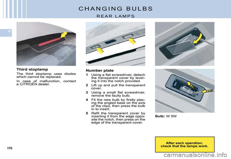 Citroen C5 DAG 2008 (RD/TD) / 2.G Owners Manual 170
VI
�C �H �A �N �G �I �N �G �  �B �U �L �B �S
�R �E �A �R �  �L �A �M �P �S
Third stoplamp
�T�h�e�  �t�h�i�r�d�  �s�t�o�p�l�a�m�p�  �u�s�e�s�  �d�i�o�d�e�s� �w�h�i�c�h� �c�a�n�n�o�t� �b�e� �r�e�p�l