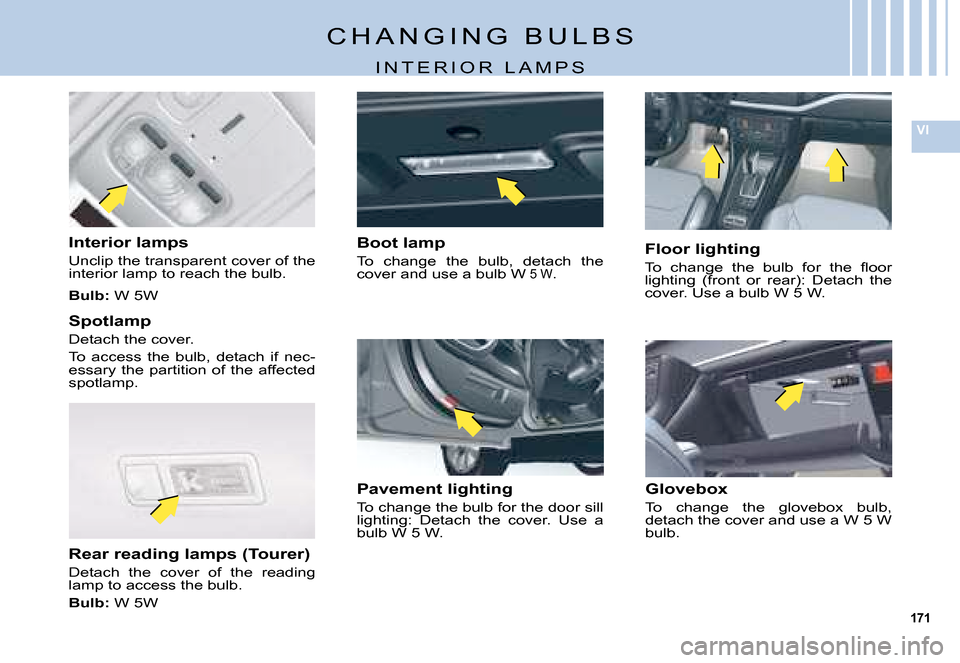 Citroen C5 DAG 2008 (RD/TD) / 2.G User Guide 171
VI
�C �H �A �N �G �I �N �G �  �B �U �L �B �S
�I �N �T �E �R �I �O �R �  �L �A �M �P �S
Interior lamps
�U�n�c�l�i�p� �t�h�e� �t�r�a�n�s�p�a�r�e�n�t� �c�o�v�e�r� �o�f� �t�h�e� �i�n�t�e�r�i�o�r� �l�a